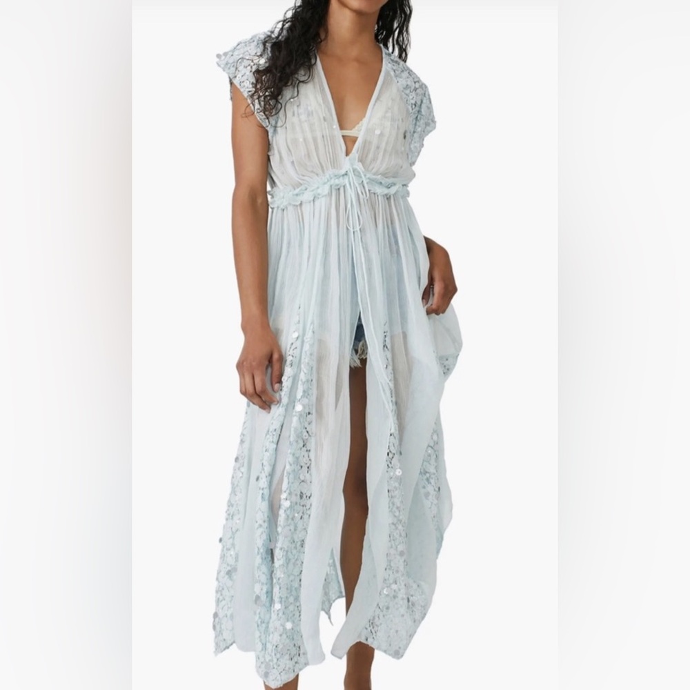 Free People Sheer Lace Robe in Light Blue